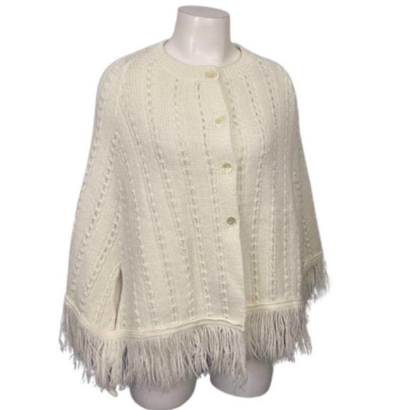 1960s White Acrylic Knit Button Up Cape Sweater with Fringe Hem / One Size * - Picture 1 of 4